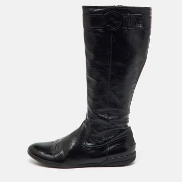 Pre Owned Gucci Black Patent Leather Interlocking G Knee Length Boots Size 38