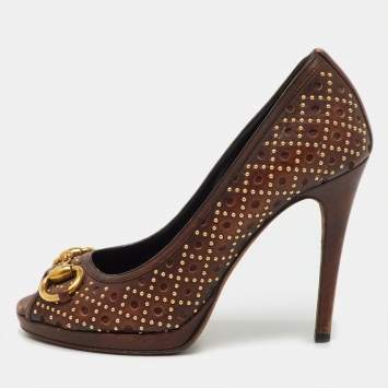 Pre Owned Gucci Dark Brown Leather New Hollywood Studded Horsebit Peep Toe Pumps Size 35