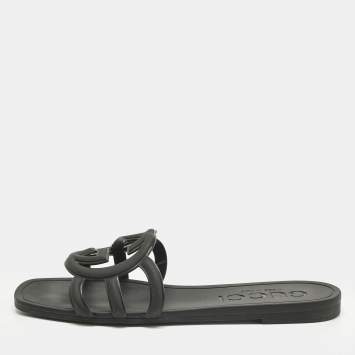 Pre Owned Gucci Black Rubber Interlocking G Flat Slide Size 35