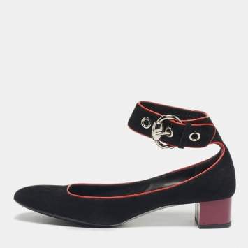 Pre Owned Gucci Black Suede Block Heel Ankle Strap Pumps Size 39