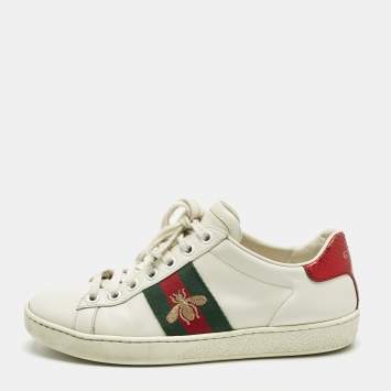 Pre Owned Gucci White Leather and Snakeskin Embossed Leather Ace Lace Up Sneakers Size 35