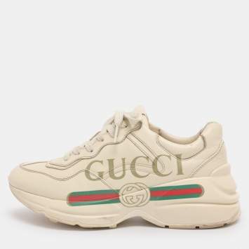 Pre Owned Gucci Cream Leather Rhyton Low Top Sneakers Size 36.5