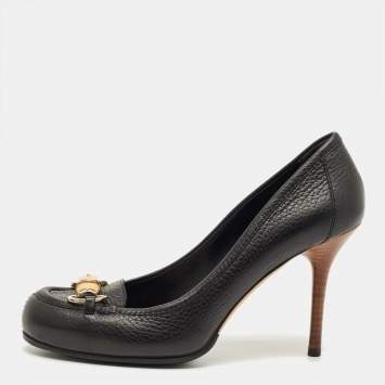 Pre Owned Gucci Black Leather Bamboo Horsebit Loafer Pumps Size 37