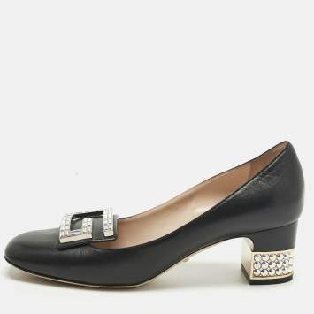 Pre Owned Gucci Black Leather Madeleine Crystals Pumps Size 38.5