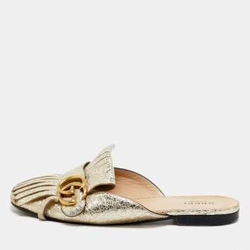 Pre Owned Gucci Gold Foil Leather GG Marmont Fringe Detail Flat Mules Size 36