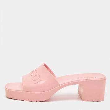 Pre Owned Gucci Pink Rubber Embossed Logo Block Heel Slide Sandals Size 38