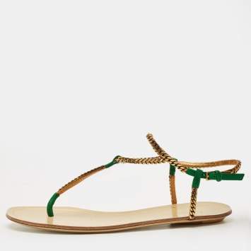 Pre Owned Gucci Two Tone Metal Chain and Suede Thong Slingbak Sandals Size 37.5