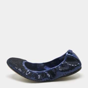 Pre Owned Gucci Metallic Blue Leather and Sequins Embellish Scrunch Ballet Flats Size 39