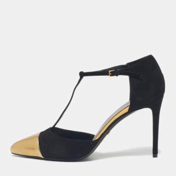 Pre Owned Gucci Black/Gold Leather and Suede Coline T-Strap Pumps Size 39