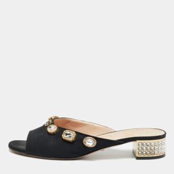 Pre Owned Gucci Black Fabric Crystal Embellished Slide Open Toe Mules Size 39