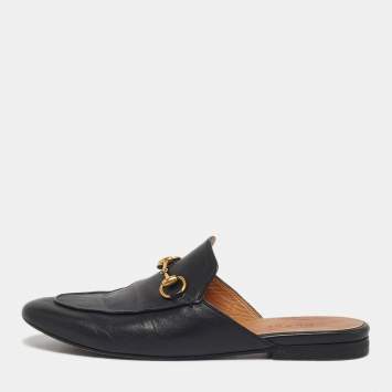 Pre Owned Gucci Black Leather Princetown Horsebit Flat Mules Size 36