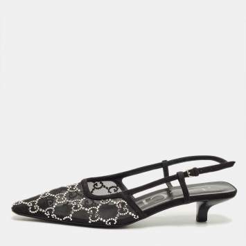 Pre Owned Gucci Black Suede and Mesh Crystal Embellished Slingback Pumps Size 37