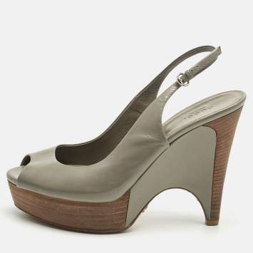 Pre Owned Gucci Grey Leather Peep Toe Slingback Sandals Size 39
