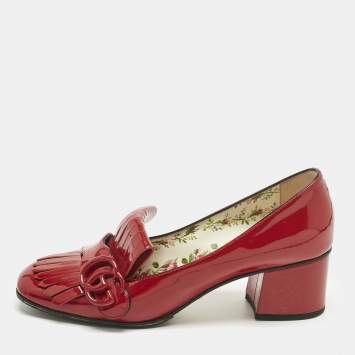 Pre Owned Gucci Red Patent Fringe Marmont GG Loafer Pumps Size 37.5