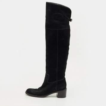 Pre Owned Gucci Black Leather And Suede Horsebit Knee Length Boots Size 39