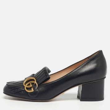 مملوكة مسبقًا حذاء كعب عالي غوتشي مارمونت كعب سميك مزين جي جي و شراشيب جلد أسود مقاس 35