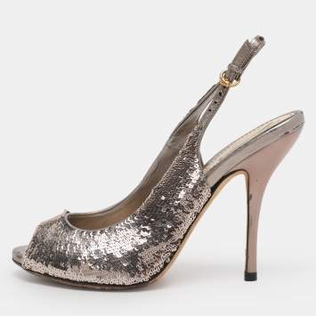 Pre Owned Gucci Silver Sequins Slingback Pumps Size 36