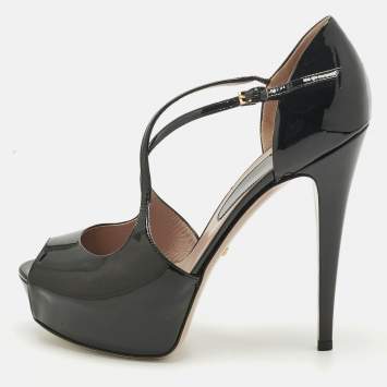 Pre Owned Gucci Black Patent Leather Platform Crisscross Strap Pumps Size 39
