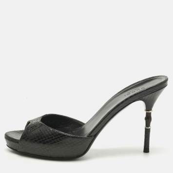 Pre Owned Gucci Black Python Bamboo Heel Slide Sandals Size 38