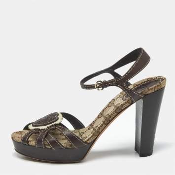 Pre Owned Gucci Brown GG Canvas and Leather Hysteria Ankle Strap Platform Sandals Size 38.5