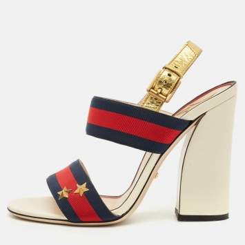 Pre Owned Gucci Multicolor Leather and Canvas Web Slingback Sandals Size 38.5