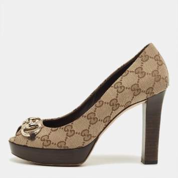 Pre Owned Gucci Beige/Brown GG Canvas and Leather Horsebit Platform Pumps Size 35.5