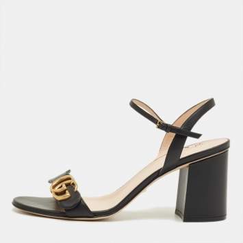 Pre Owned Gucci Black Leather GG Marmont Block Heel Ankle Strap Sandals Size 41