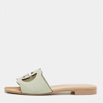 Pre Owned Gucci Pale Green Suede Interlocking G Flat Slides Size 37