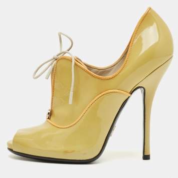 Pre Owned Gucci Light Green Patent Leather Newton Open Toe Booties Size 37