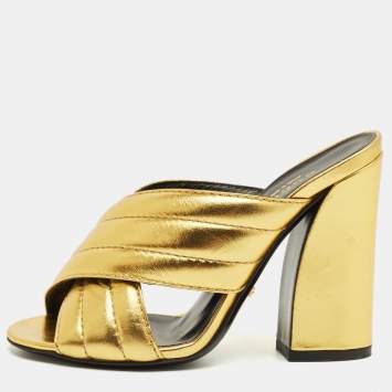 Pre Owned Gucci Metallic Gold Quilted Leather Webby Mules Sandals Size 35