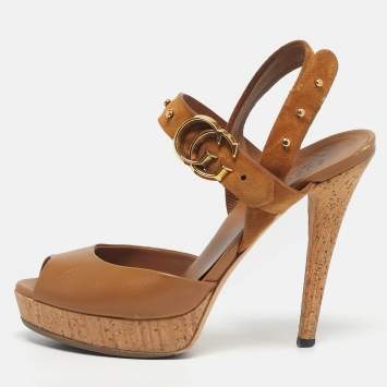 Pre Owned Gucci Brown Leather and Suede Slingback Sandals Size 38