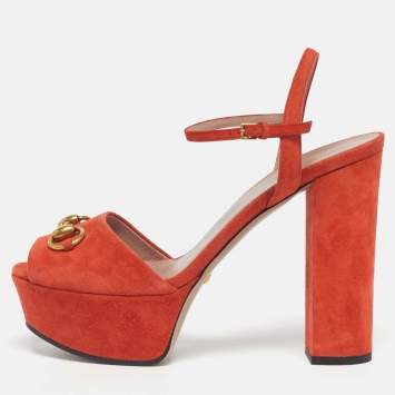 Pre Owned Gucci Orange Suede Horsebit Platform Ankle Strap Sandals Size 38
