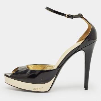 Pre Owned Gucci Black Patent Leather Peep Toe Ankle Strap Sandals Size 38