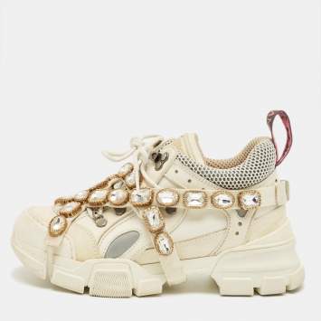 Pre Owned Gucci White Leather and Mesh Flashtrek Lace Up Sneakers Size 36