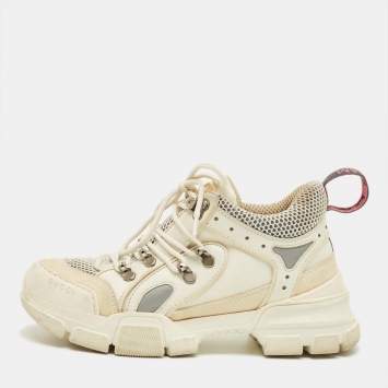 Pre Owned Gucci White/Grey Leather and Mesh Flashtrek Lace Up Sneakers Size 37