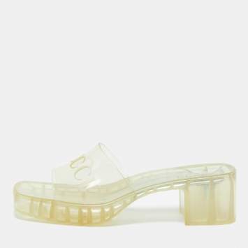 Pre Owned Gucci Transparent Jelly Logo Block Heel Slide Sandals Size 41