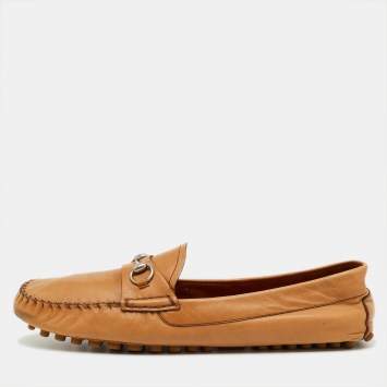 Pre Owned Gucci Tan Leather Horsebit Slip On Loafers Size 41.5