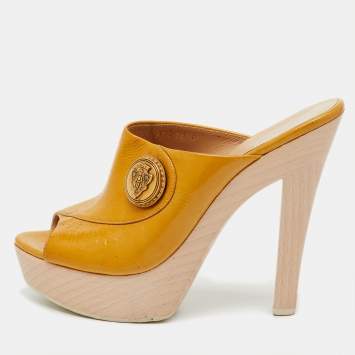 Pre Owned Gucci Yellow Patent Leather Hysteria Wooden Platform Sandals Size 39