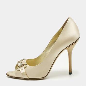 Pre Owned Gucci Beige Satin Horsebit Peep Toe Pumps Size 39