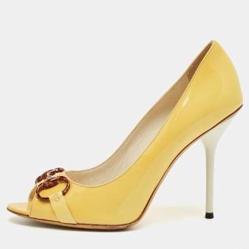 Pre Owned Gucci Yellow Leather Jolene Peep Toe Pumps Size 39.5