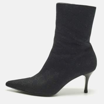 Pre Owned Gucci Navy Blue/Black GG Canvas Pointed Toe Ankle Length Boots Size 39