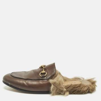 Pre Owned Gucci Brown Leather and Fur Princetown Horsebit Flat Mules Size 36