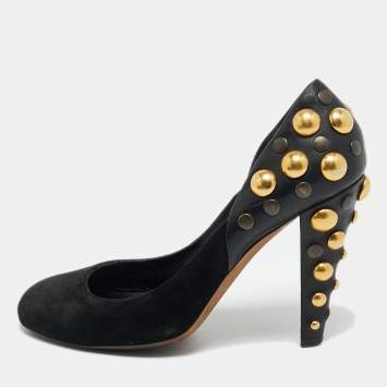 Pre Owned Gucci Black Leather and Suede Stud Embellishment Pumps Size 37