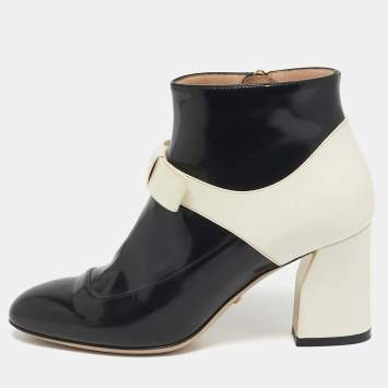 Pre Owned Gucci Size 36 Black/White Patent Leather Bow Ankle Length Boots