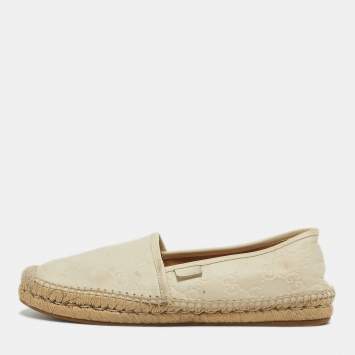Pre Owned Gucci Size 39.5 Cream Leather Espadrille Flats