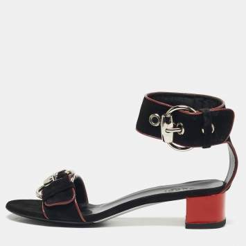 Pre Owned Gucci Size 35.5 Black Leather and Suede Ankle Strap Sandals