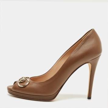 Pre Owned Gucci Horsebit Size 39.5 Brown Leather Peep Toe Pumps
