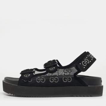 Pre Owned Gucci Size 39 Black Mesh and Suede GG Crystal Embellished Platform Sandals
