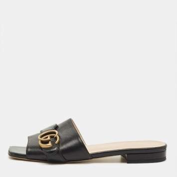 Pre Owned Gucci Interlocking G Size 37 Black Leather Buckle Flat Slide