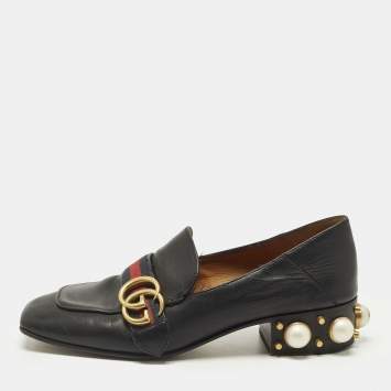Pre Owned Gucci Double G Size 37 Black Leather Web Loafers